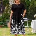 IN'VOLAND Womens Plus Size Maxi Dresses Summer 2026 Casual Short Sleeve with Pockets Long Dress 5X Black Flower