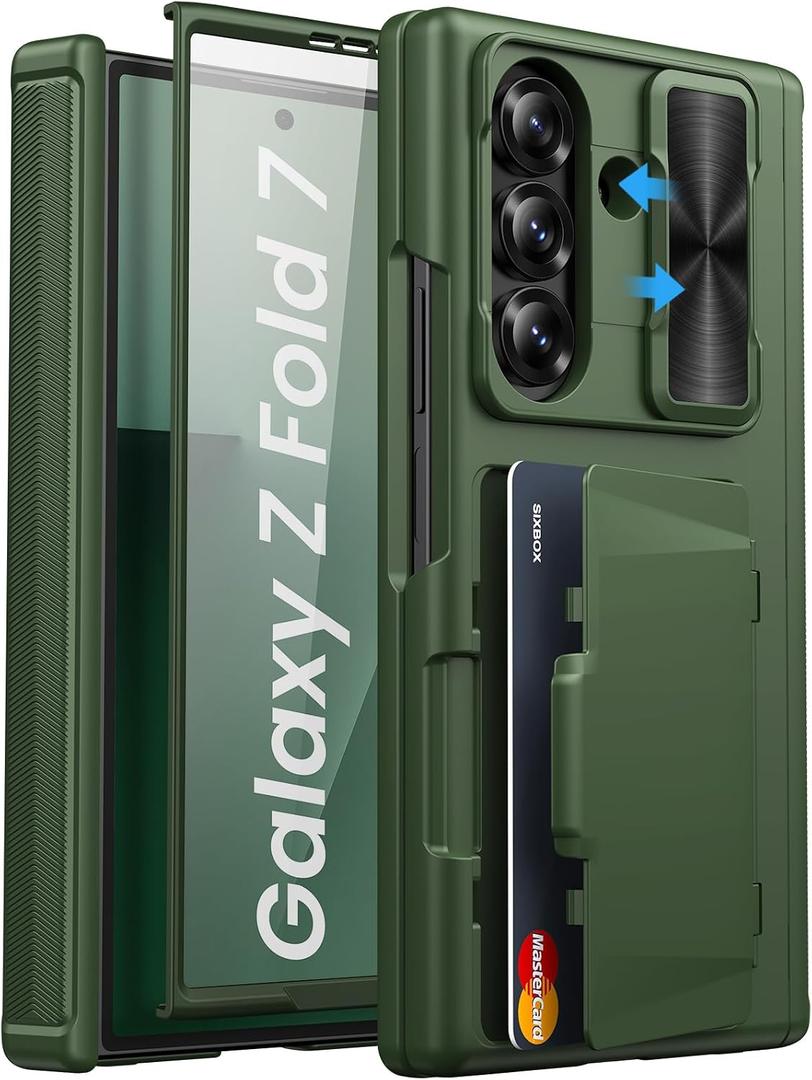 for Samsung Galaxy Z Fold 7 Case with Card Holder & Screen Protector, Built-in Hinge Protection & Slide Lens Cover, Durable Heavy Duty Hard Back Protective Phone Case for Galaxy Z Fold 7, Green
