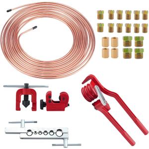 3/16 Brake Line Flaring Tools kit Include 25 ft Copper Coated Brake Lines with 16 Brake Line Fittings and 4 Unions Brake line Bender Single Flare Tool