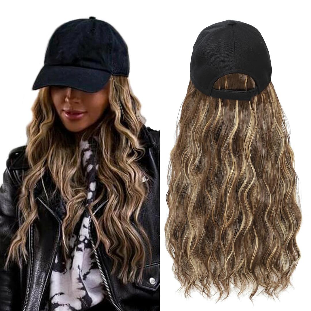 Synthetic Wig Hat with Natural Wave hair Extensions attached for woman Baseball cap wig Mix brown blonde curly wavy Hairstyle Adjustable Hat Wig (Mbrown blonde, 22inch)