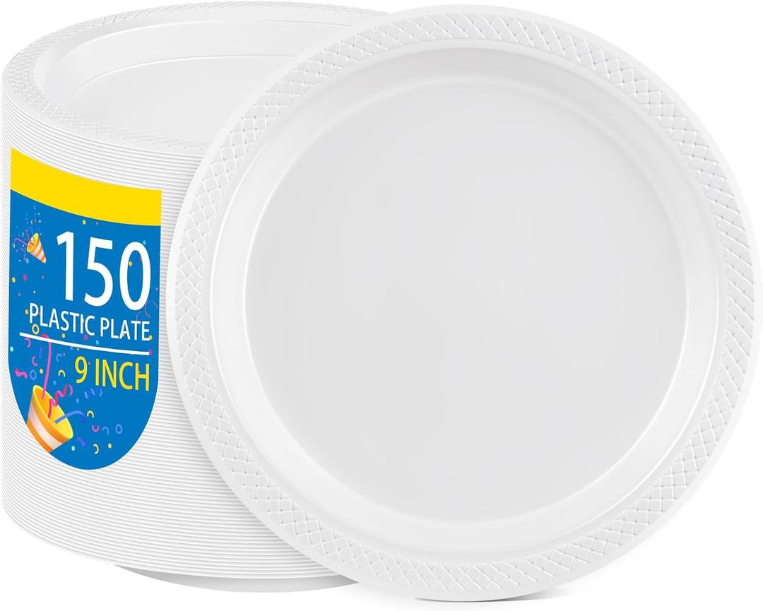 WELLIFE White Plastic Plates 9 Inch -150 Count for Party, Disposable Plastic Party Plates for Wedding Dinner Birthday Engagement
