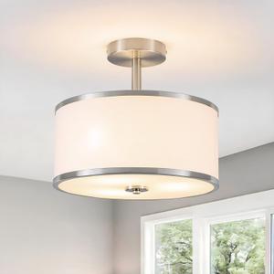BUXVRCS Semi Flush Mount Ceiling Light Fixture, 3-Light Drum Lighting Fixtures, Hallway Light Fixture Ceiling Mount with Fabric Shade, Close to Ceiling Light for Bedroom Bathroom (Brushed Nickel)