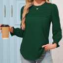 Simlakey Women Long Sleeve Shirt Dressy Casual Blouse 2025 Fall Fashion Pleated Top Trendy Loose Fit Crew Neck Basic Tee (Green,L)
