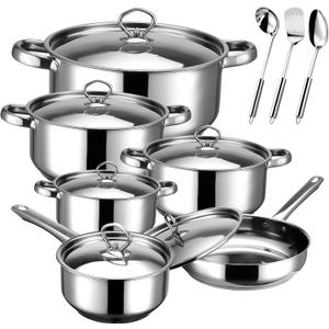 Cookware Set - 15 Piece Stainless Steel Cookware Set, Includes 6 Pots and Pans, 6 Lids and 3 Utensils, Fixed Handles, Induction Safe and Dishwasher Safe