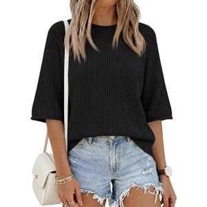 Saodimallsu Womens Short Sleeve Sweaters Crochet Knit Casual Crew Neck Lightweight Summer Trendy Sweater Tops (Black, XL)