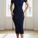 Women's Casual Mesh Elastic Double Layer Mock Neck Short Sleeve Keyhole Back Slit Midi Bodycon Dress Dark Blue (Purple, XXL)