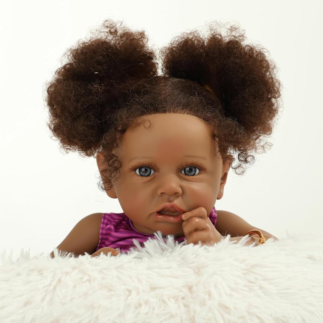 Reborn Baby Dolls Black Girl, 22" Realistic Baby Doll Lifelike African American Newborn Bebe Caramel Real Life Like Baby Dolls with Two Afro Puffs & Feeding Toys in Gift Box for Kids Age 3+