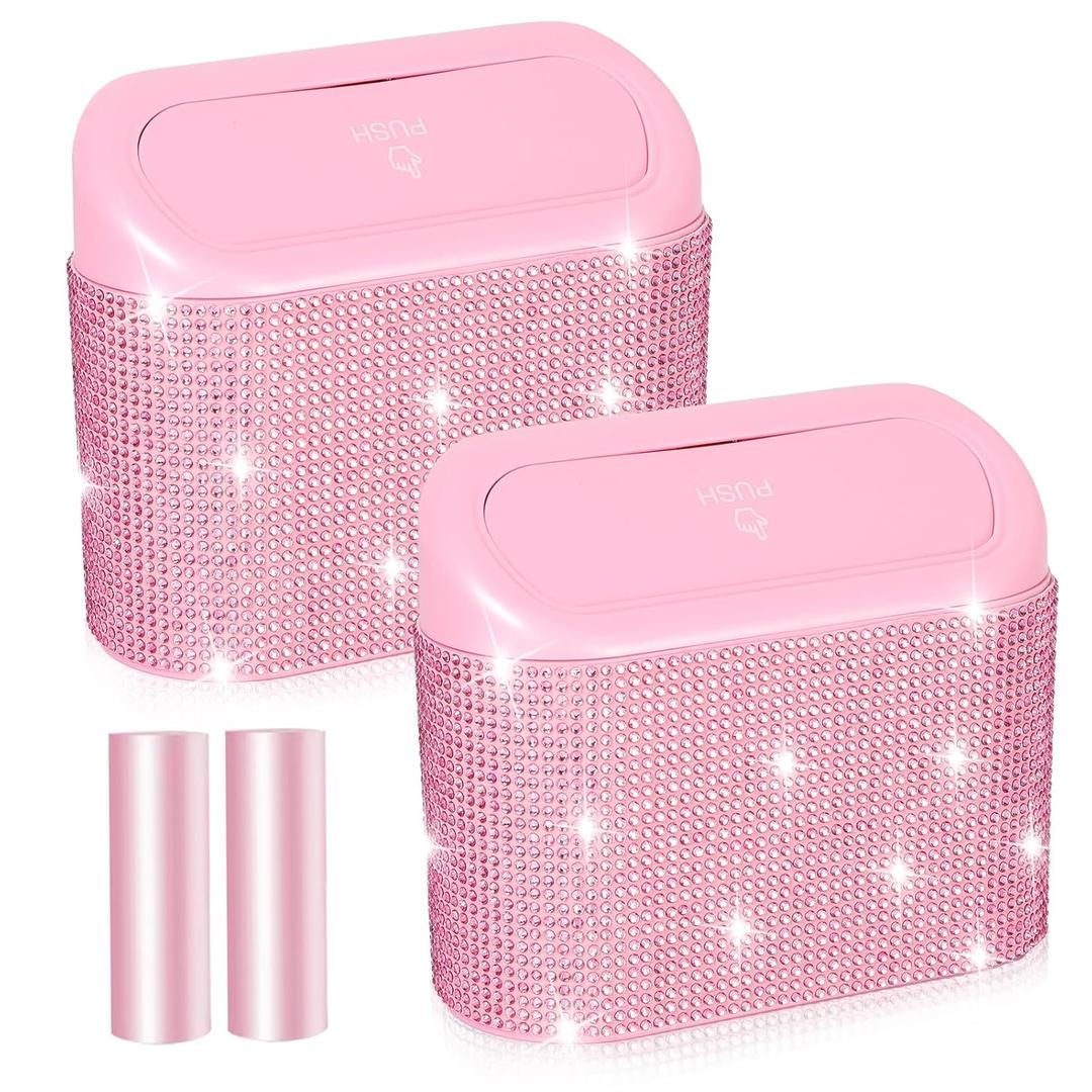 NBTEPEM Bling Pink Car Trash Can with Lid - 2 Pack, Mini Auto Garbage Can with 60 Trash Bags, Automotive Garbage Container Bin, Bling Car Accessories Trash Can for Women (Pink Diamond)
