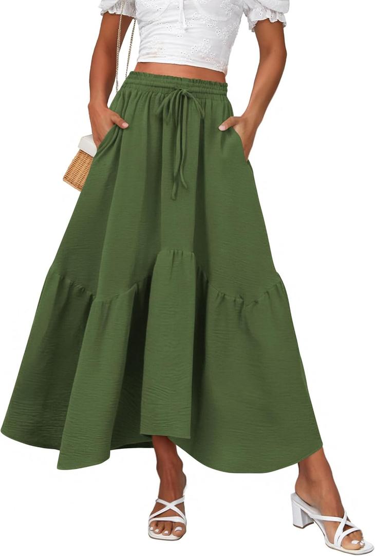 Zeagoo Long Skirts for Women High Waist A Line Skirt Casual Flowy Tiered Skirt with Pockets Summer Floral Boho Skirt, L