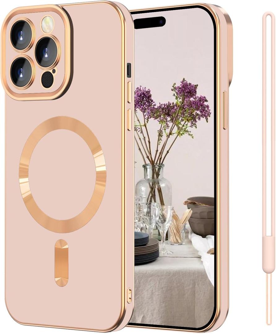 iPhone 15 Pro Max Case,iPhone 15 Pro Max Phone Case[Compatible with MagSafe] Magnetic Slim Thin Lanyard Wrist Strap Plating Shockproof Protective Phone Cover for iPhone 15 Pro Max 6.7", Pink