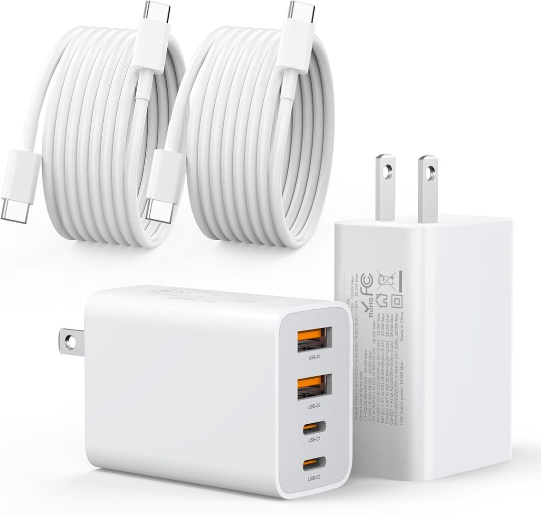 40W USB C Charger, 2 Pack 4-Port PD Power Adapter + QC Wall Plug Multiport Type C Charging Block Cube, (2 Pack 6 ft USB C Cable Included) for iPhone 16 Series, Samsung, Pad, Smartwatches and Tablets