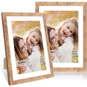 10x14 Picture Frame Set of 2, 10 x 14 Wood Photo Frames with Mat for 8x12, Natural Wooden Frame with Real Glass Cover for Wall and Tabletop Display,Brown
