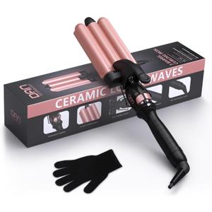 DAN Technology Ceramic 3 Barrel Hair Curling Wand, Rose Gold, Temperature Adjustable, Dual Voltage, 1 Inch Triple Barrels, Creates Beachy Waves, Suitable for All Hair Types