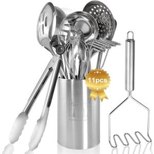 Cooking Utensils Set 11pcs - Stainless Steel Kitchen Utensils Set with Holder, Heat Resistant Kitchen Utensils Sets for Cooking with Turners, Potato Masher, Skimmer, Spoons, Ladle, Tongs, Whisk