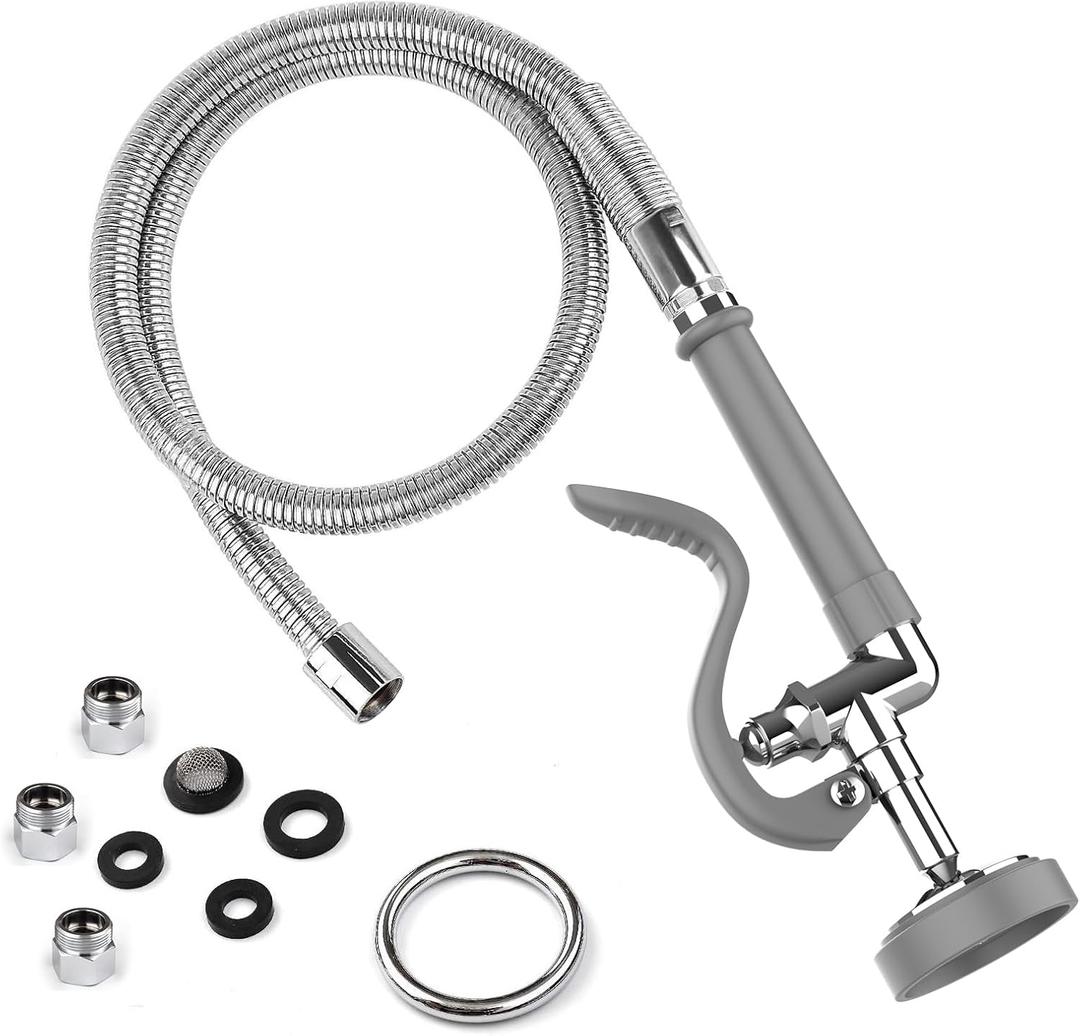 MSTJRY Spray Valve with 45" Pre Rinse Hose, Commercial Sink Sprayer Hose Pre Rinse Sprayer with Flexible Stainless Steel Hose Assembly for Commercial Kitchen Faucets(Grey, with 3 adapters) (Gray)