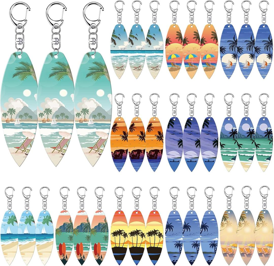 Bucherry 36 Pcs Beach Summer Party Favors Keychain Gifts Bulk Wooden Surfboard Sea Turtle Coconut Tree Christian Religious Key Ring for Hawaiian Luau Florida Bahamas Souvenirs Supplies