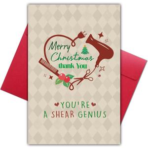 2 x Funny Shear Genius Christmas Cards Gift for Beautician Hair Stylist Barber Salon Worker, Merry Christmas Thank You Card for Hairdresser Stylist, Humorous Holiday Greeting Card with Unique Salon Design