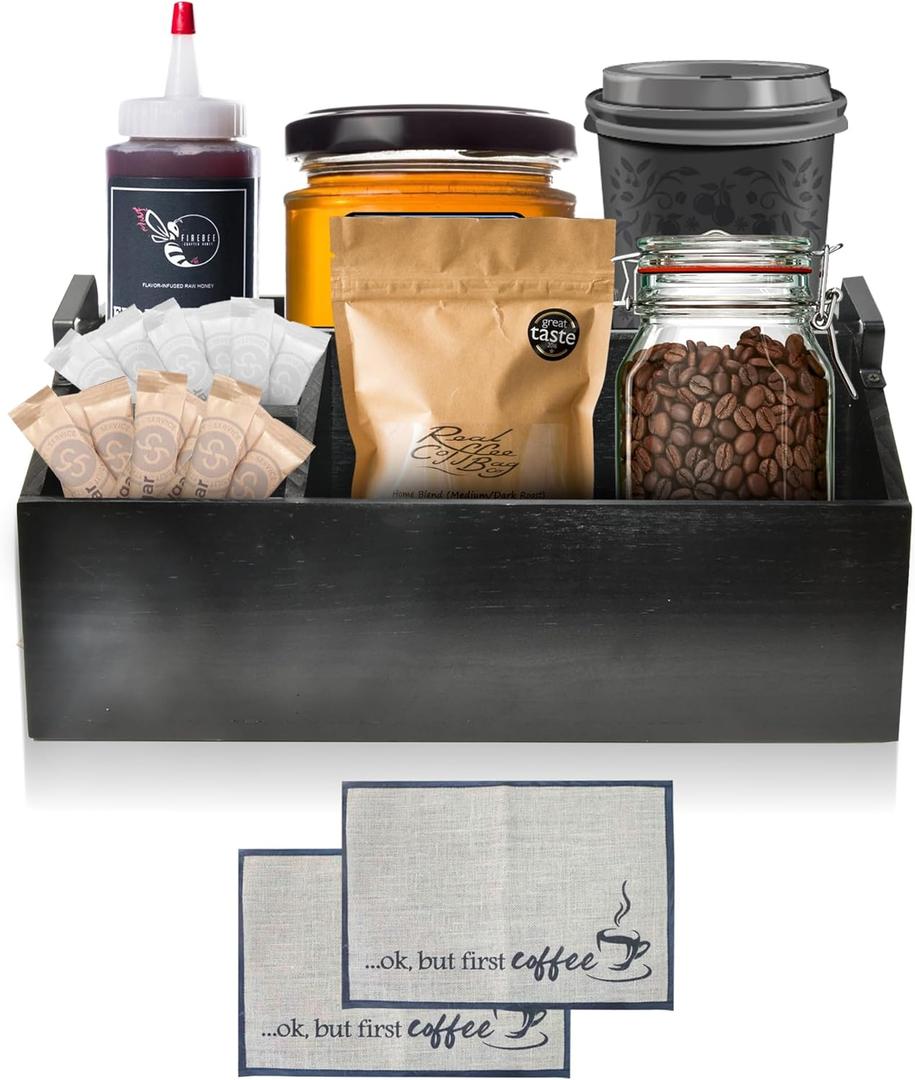Coffee Bar Station Organizer for Counter, Wood Coffee and Tea Condiment Storage Organizer, Rustic Coffee Bar Decor for Coffee Accessories Organizer