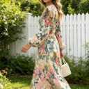 LOZ Women's 2026 Spring Summer Maxi Dresses Long Sleeve V-Neck Puff Sleeve Long Dresses Elegant Wedding Guest Maxi Dress (M)