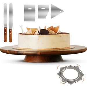 13" Acacia Cake Stand Rotating  Rustic Wood Pedestal Stands Turntable with 2 Icing Spatulas, 3 Smoothers  Wooden Spinning Cake Decorating Serving for Cupcake Dessert Display in Party, Wedding