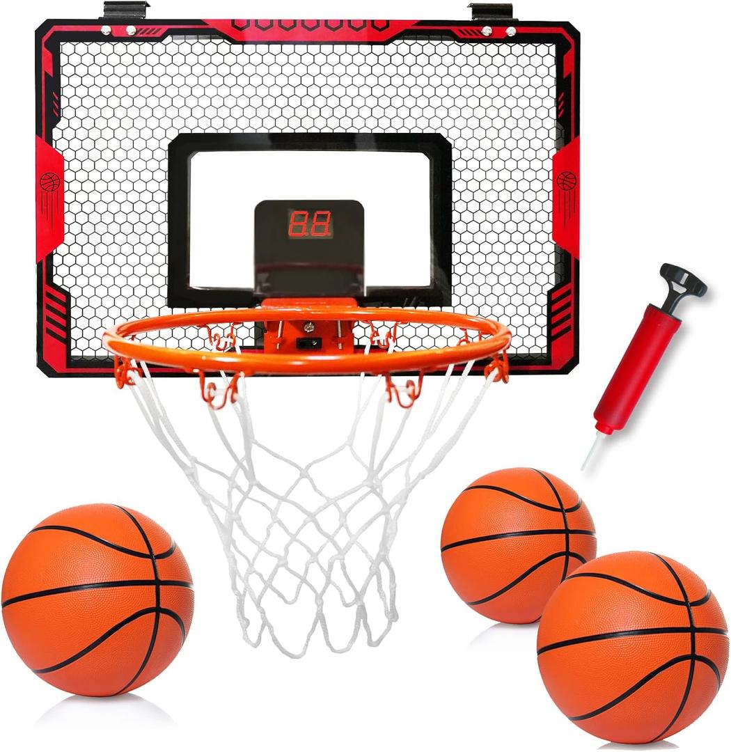 Mini Indoor Basketball Hoop for Kids, Over Door Basketball Toy with LED Electronic Scoring & 3 Balls, Anti-Impact Backboard, Basketball Toys Gifts for 6 7 8 9 10 11 12 Year Boys Adults Bedroom Office