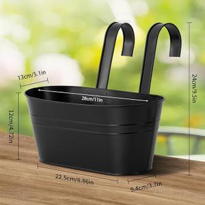 3Pcs Iron Hanging Flower Pots 11 Inch Hanging Planters for Outdoor Plants Metal Hanging Bucket Pots Iron Railing Fence Planter with Drainage Holes and Hooks for Porch Railing Balcony Fence(Black)