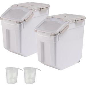 2 Pack 25lb Airtight Flour Storage Container BPA Free Dog Food Storage Container Large Cat Pet Grain Bin with Measuring Cup and Spoon for Kitchen Pantry Counter Top (Grey)