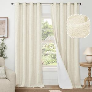 Cream 100% Blackout Curtains for Living Room 84 Inch Length 2 Panels Set, Thermal Insulated Light Blocking Faux Linen Curtains for Bedroom, Bronze Grommet Boho Window Drape Each 52" Wide