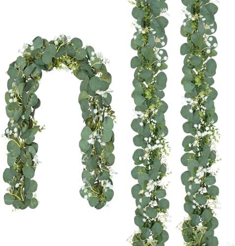 CQURE 3 Pack 5.9Ft Eucalyptus Garland,Artificial Eucalyptus Flowers Leaves Table Greenery Garland Wreath Vines for Wedding Party Table Fireplace Bedroom Wall Room Decor
