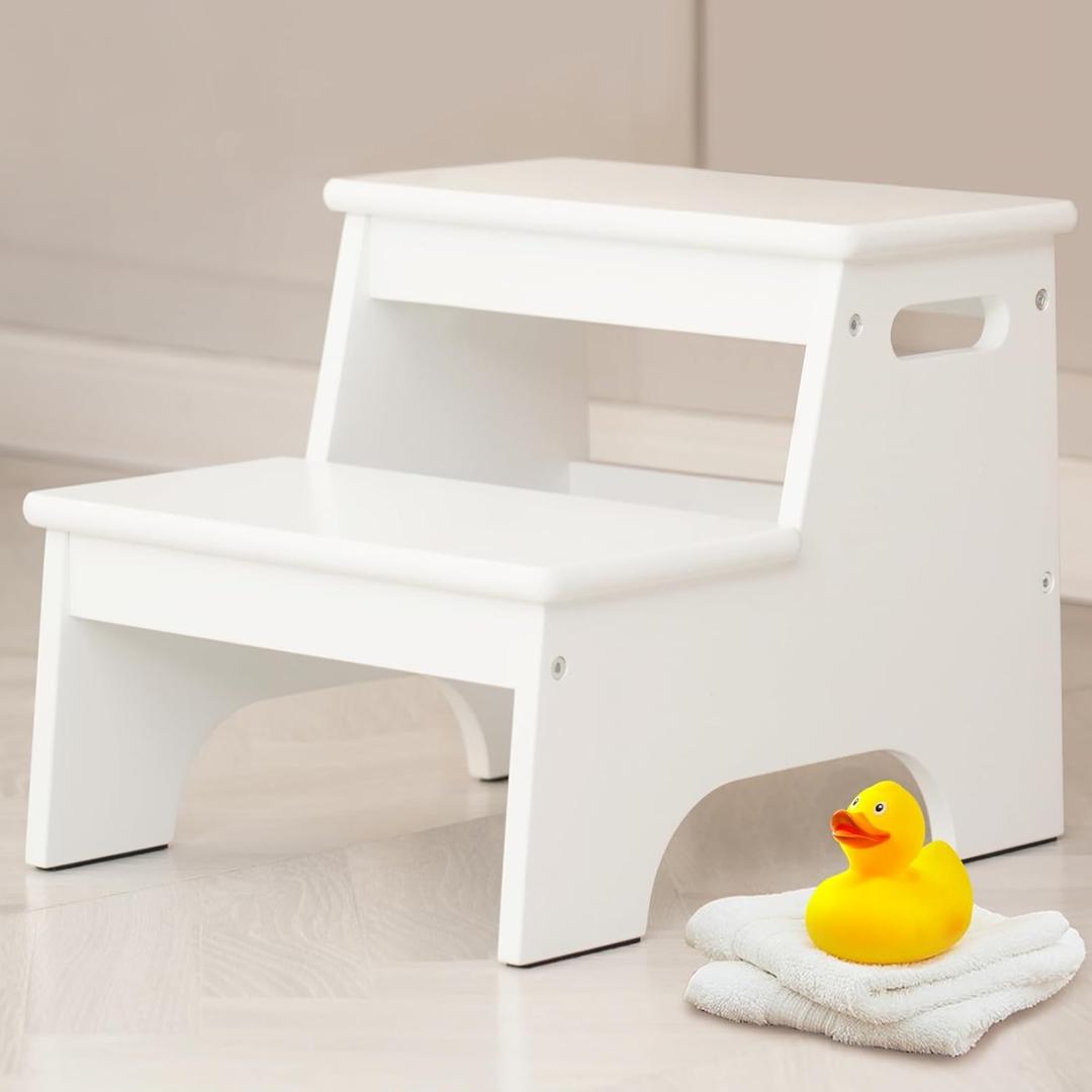 Forbena Wood Toddler Step Stool for Bathroom Sink, White Kids Toilet Step Stool for Potty Training, Small Child Baby Girl Boy 2 Stepping Stool with Handle for Kitchen Counter Nursery Bedroom Closet