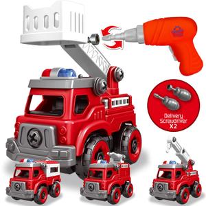 4-in-1 Take Apart Toys Truck with Electric Drill, DIY Assembly Fire Truck Toy Vehicles, Kids STEM Building Educational Cars Toys, Birthday Gifts for Age 3 4 5 6 7 8 Years Old Boys Girls, Large