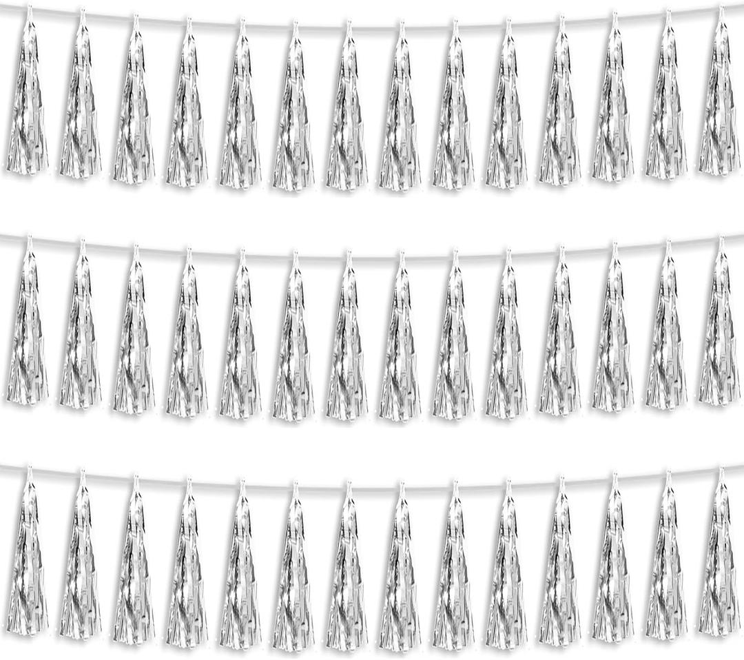 3P Silver Foil Fringe Metallic Tassel Streamers Banner Tassel Garland for Parade Floats, Bachelorette, Wedding, Birthday, Halloween, Christmas, Bridal/Baby Shower Party Decorations