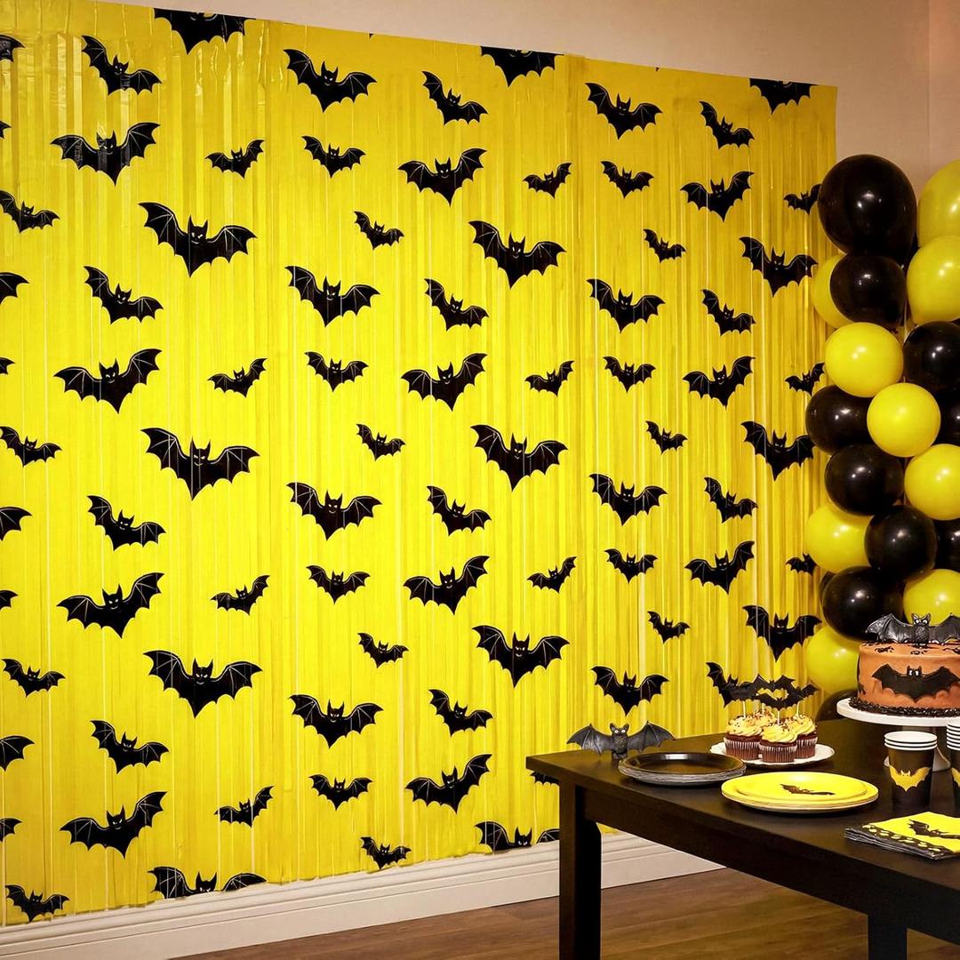Frienda 3 Pcs Bat Birthday Party Supplies Bat Metallic Tinsel Foil Fringe Curtains Party Supplies Yellow and Black Backdrop for Birthday Decorations, 3.28 x 6.56 Inches