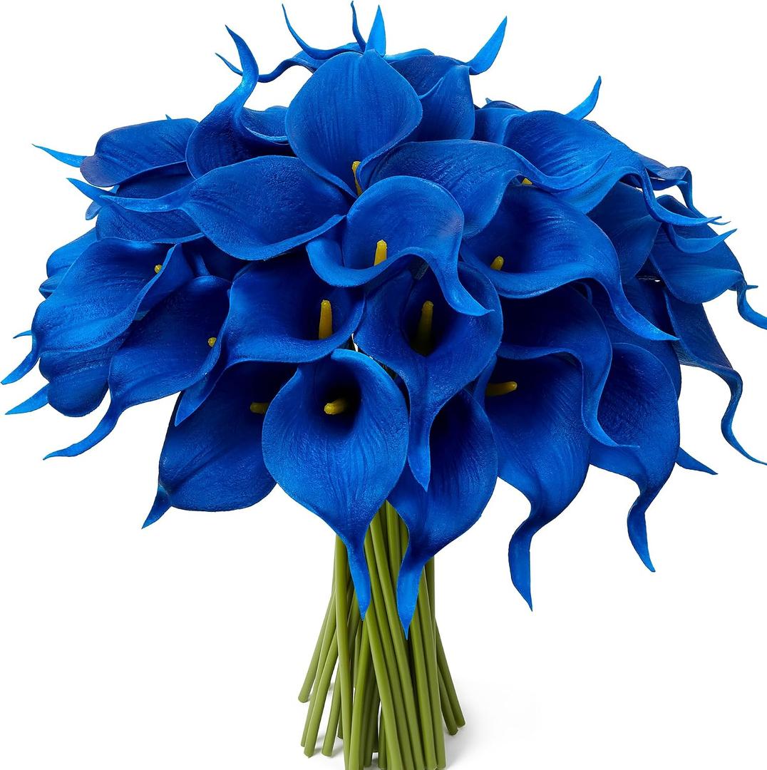 24 Pcs Blue Artificial Calla Lily Flowers Fake Blue Silk Flowers Real Touch for Wedding Bouquet Office Home Kitchen Decor