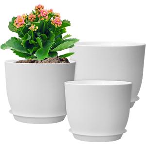 WSMKSZ 12/10/9 inch Large Plant Pots, 3 Pack Modern Decorative Plastic Planters with Drainage Holes and Saucers, Flower Pots for Indoor Outdoor Plants, White