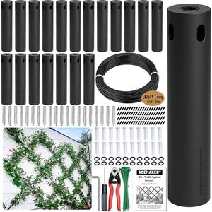 Acemaker Wire Trellis for Climbing Plants Outdoor, 20-Set Black ABS Plastic Wall Wire Trellis Kit with 1/8" x 65ft Vinyl Coated Cable & Cutter, Stainless Steel Cable Espalier System for Garden Fence