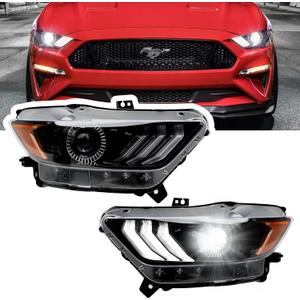 LED Mustang Projector Headlight Assembly, OEM-Style Headlight with Amber Reflector, Headlight Assembly Compatible with Ford Mustang 2015 2016 2017 (HID/Xenon Model)
