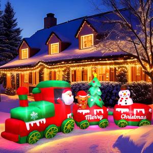 10.7 FT Christmas Inflatables Train with Santa Claus Reindeer Snowman Christmas Tress Built-in LED Lights Blow Up Christmas Decor for Christmas Party Holiday Outdoor Garden Lawn Yard Decorations