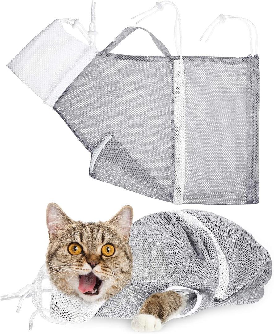 Cat Shower Net Bag Grooming Bathing Adjustable Washing Bag Multifunctional Cat Restraint Accessories Prevent Biting Scratching, Nail Trimming, Ears Clean, Keeping Calm(Grey)