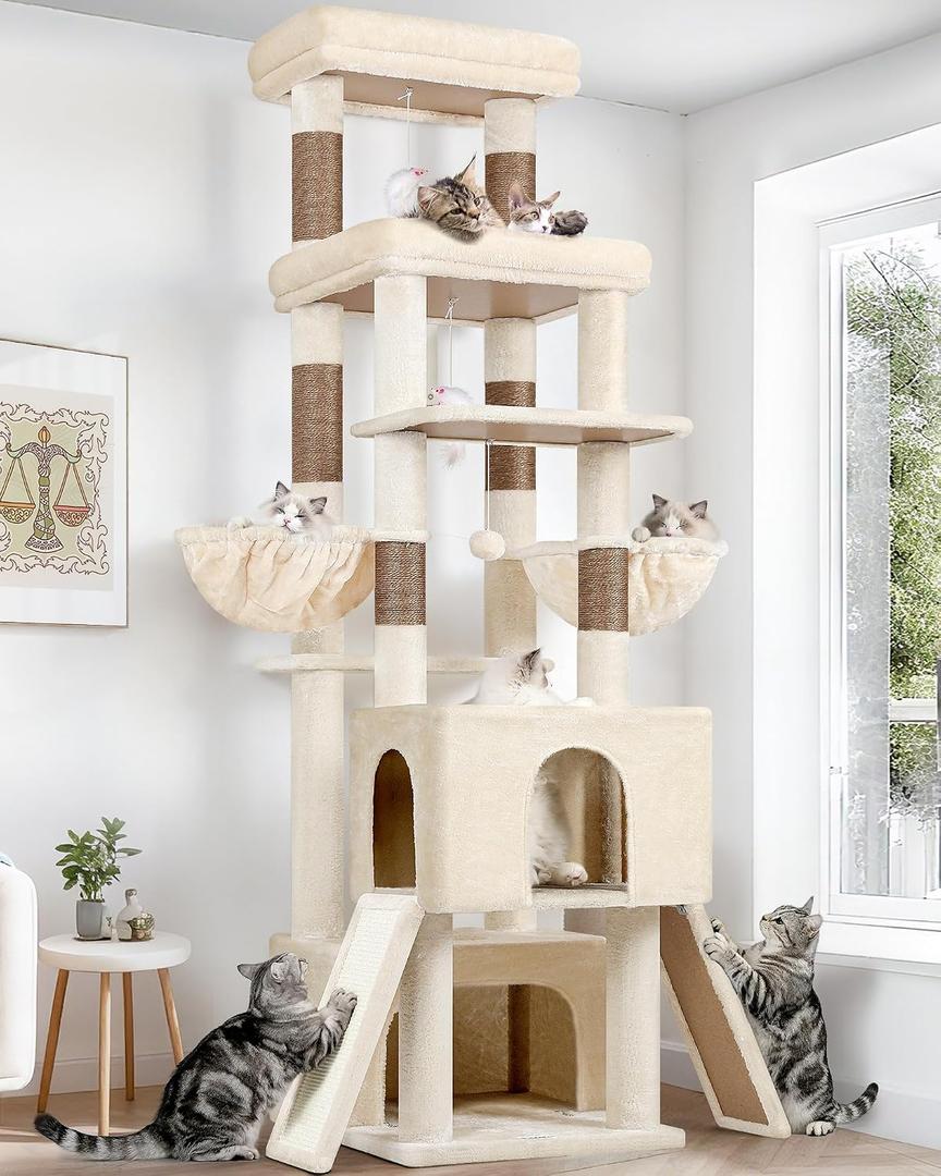 Globlazer Heavy Duty Cat Tree 78 inch Sturdy Cat Tower for 20lbs Large Adult Cats, Symmetrical Aesthetic Big Cat Tree with Extra Large Platform, 2 Scratching Boards, Z78, Beige