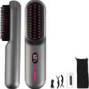 Cordless Hair Straightener Brush, Mini Portable Rechargeable Straightening Brush, Negative Ionic Hot Comb Straightener with 12 Temp Settings, Auto-Off, Led Display for Women (Grey)