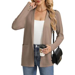  Long Cardigans for Women, Long Sleeve Open Front Cardigan Sweaters, Lightweight Spring Jacket with Pockets, Brown Large