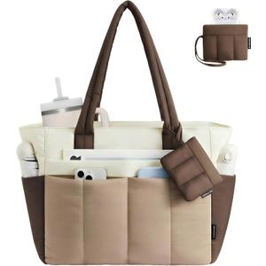 LOVEVOOK Puffer Tote Bag for Women Quilted Work Tote Handbags with Zipper 15.6 inch Teacher Nurse Bags for Office