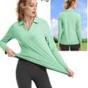 FKEEP Women's Tennis Golf Shirt Long Sleeved Top Sport Activewear V-Neck Workout Athletic (13 Mint Green)