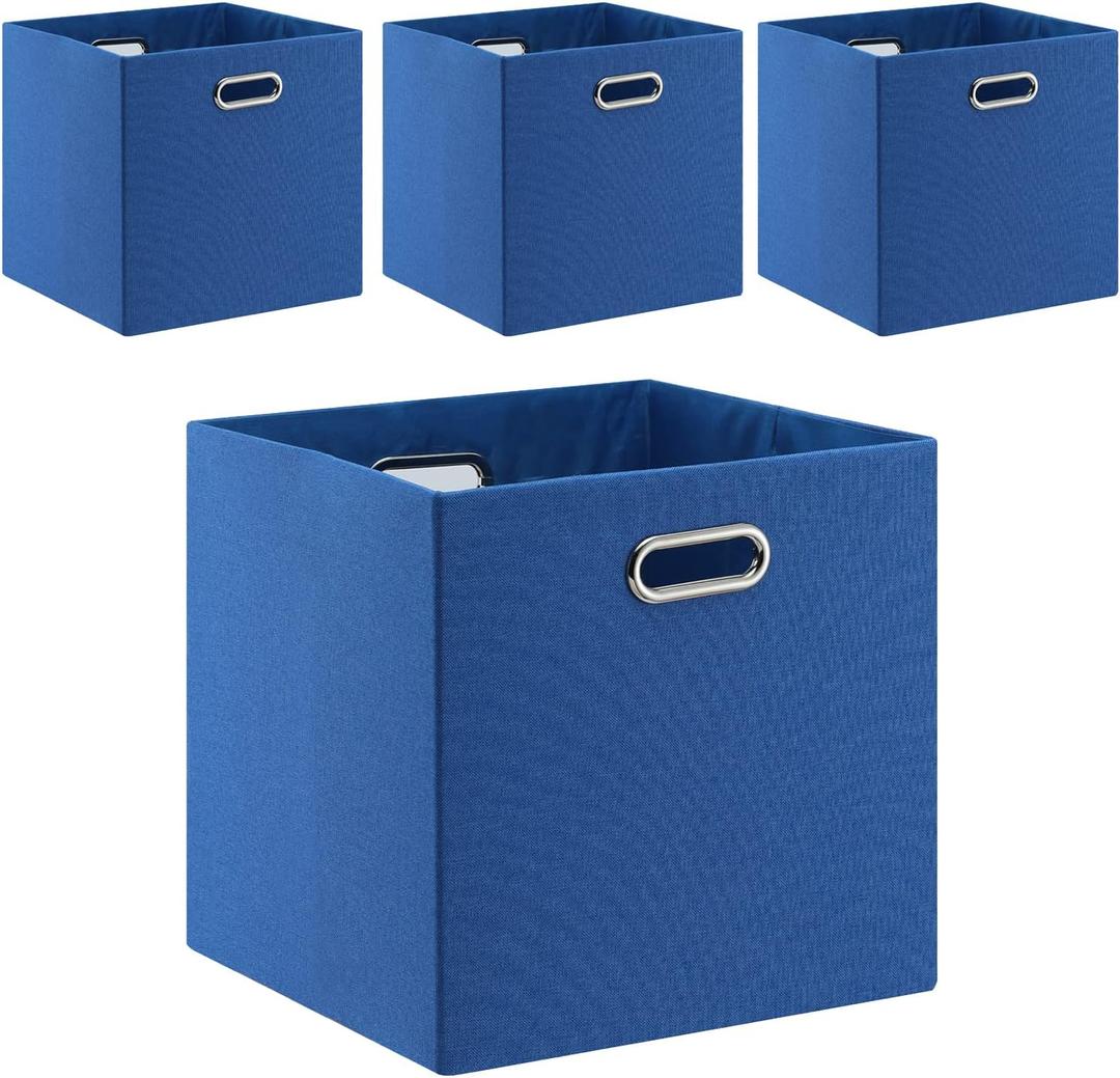 Cube Storage Bins 1313 Linen Foldable Box with Handles, Collapsible Organization Basket Set of 4 Large Capacity Drawer for Closet Shelf Cabinet Bookcase Bedroom, Navy Blue