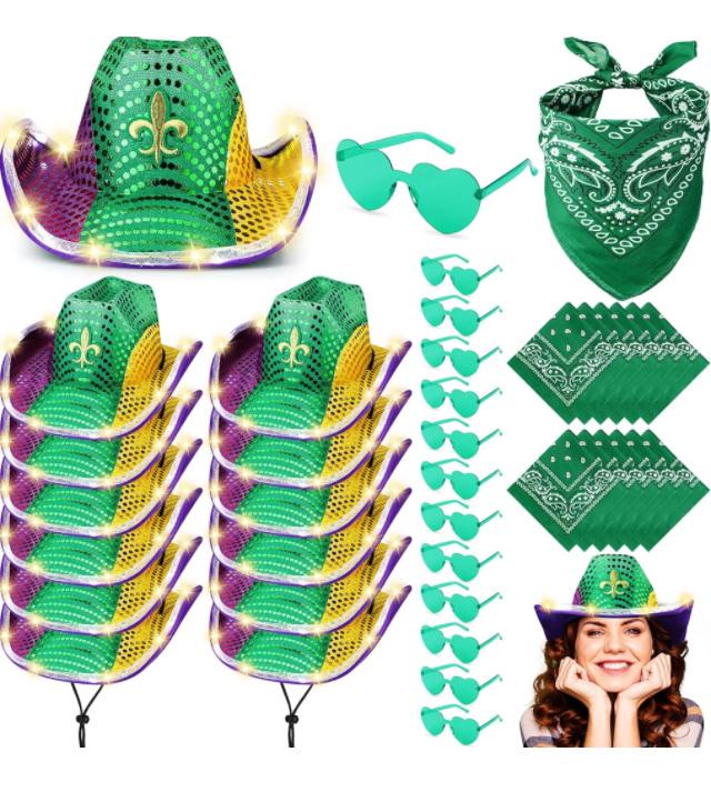 36 Pieces Light up Space Cowgirl Hat Bulk Green LED Cowboy Costume Accessories with Glasses Paisley Bandanna for Girls Women Birthday Party (Purple, Green, Gold)