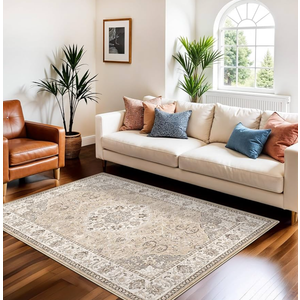 3x5 Living Room Area Rugs: Vintage Washable Non-Slip Rug for Bedroom Dining Room Soft Carpet for Nursery Kitchen Home Office Durable & Easy-Clean Design Perfect for Homes with Cats & Dogs(3x5 Beige)
