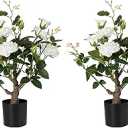 24’’ Artificial Rose Tree, 2 Pack Faux Rose Plants with White Flowers and Green Leaves, 2FT Silk Potted Tree for Indoor Outdoor Home Office Porch Garden Decor, White