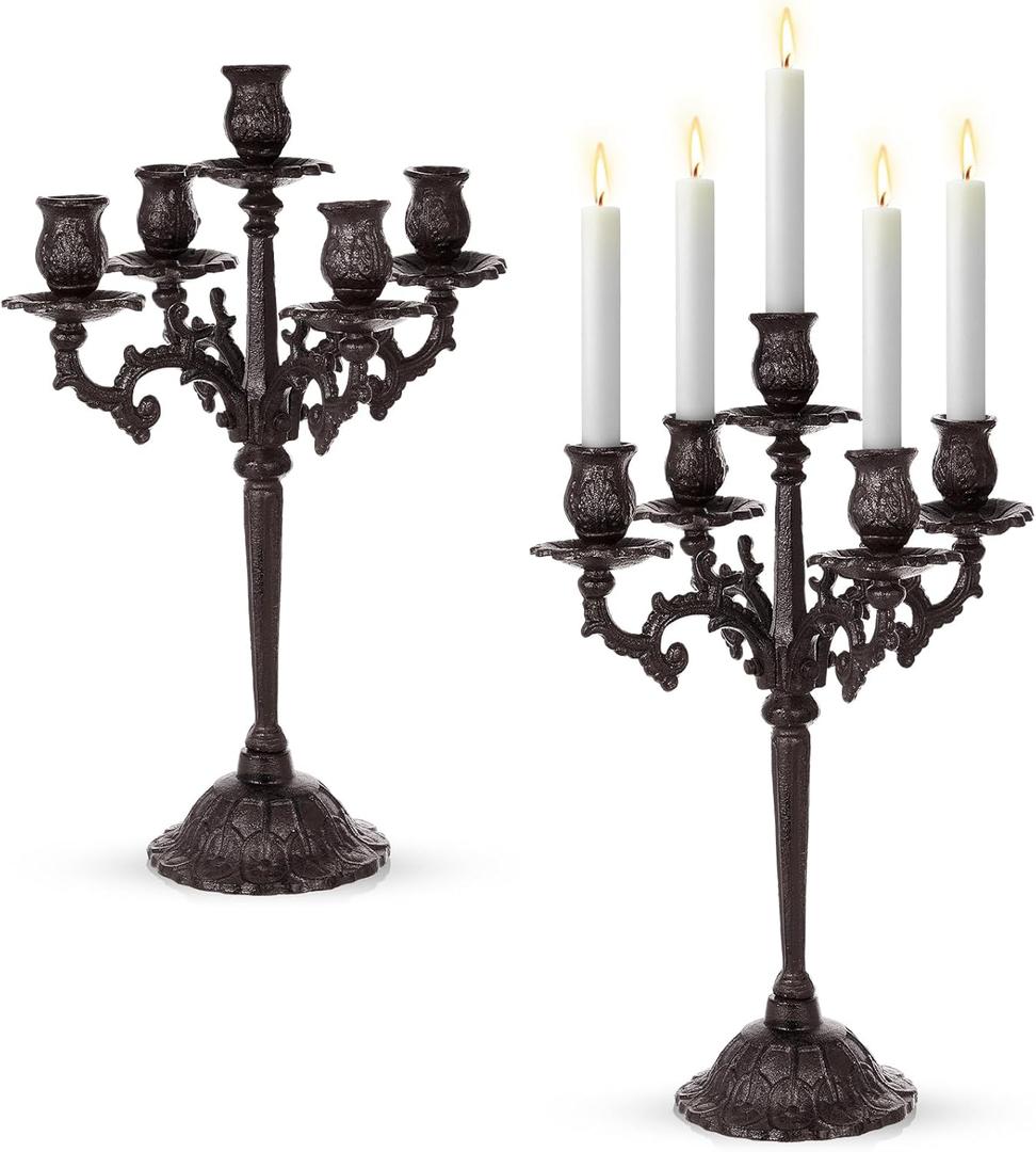 Mumufy 2 Pcs 5 Arm Black Candelabra 16.7 Tall Cast Iron Candlestick Holders Vintage Gothic Candles Holder Stand Decorative Table Centerpieces for Halloween Wedding Christmas Birthday Home Party