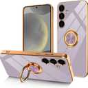 Dinick Purple for Samsung Galaxy S24+ Case with Ring Holder Kickstand [with Magnetic] Soft TPU Bumper, Glitter Gold Electroplated Cover Slim Thin Protective Phone Case for Galaxy S24 Plus